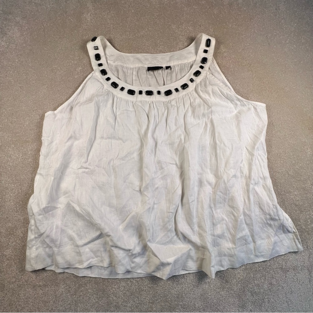 Avenue 100% Linen White Sleeveless Top Black Beaded‎ Neck Women's 30/32